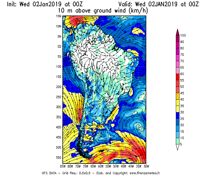 Mappa di analisi GFS - Velocità del vento a 10 metri dal suolo [km/h] in Sud-America
							del 02/01/2019 00 <!--googleoff: index-->UTC<!--googleon: index-->
