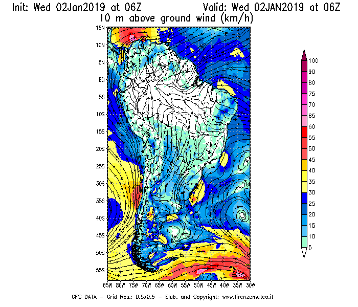 Mappa di analisi GFS - Velocità del vento a 10 metri dal suolo [km/h] in Sud-America
							del 02/01/2019 06 <!--googleoff: index-->UTC<!--googleon: index-->