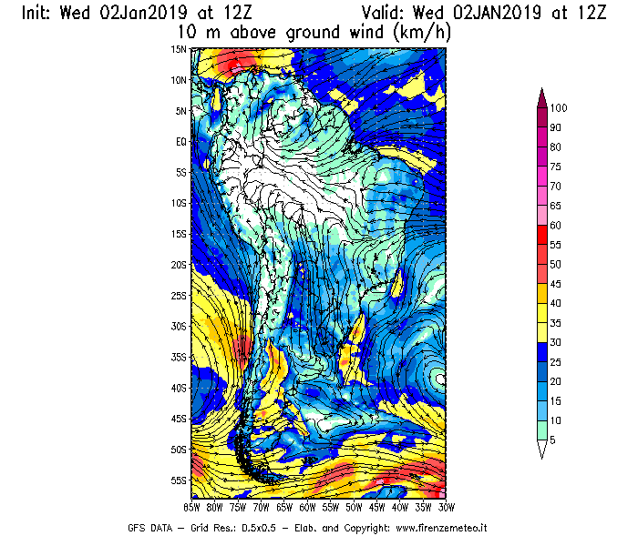 Mappa di analisi GFS - Velocità del vento a 10 metri dal suolo [km/h] in Sud-America
							del 02/01/2019 12 <!--googleoff: index-->UTC<!--googleon: index-->
