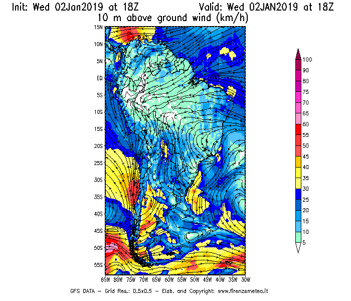 Mappa di analisi GFS - Velocità del vento a 10 metri dal suolo [km/h] in Sud-America
							del 02/01/2019 18 <!--googleoff: index-->UTC<!--googleon: index-->