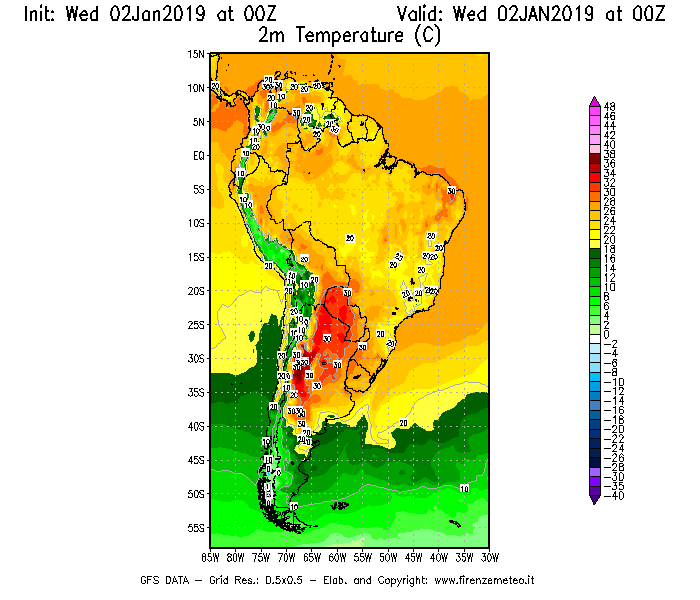 Mappa di analisi GFS - Temperatura a 2 metri dal suolo [°C] in Sud-America
							del 02/01/2019 00 <!--googleoff: index-->UTC<!--googleon: index-->