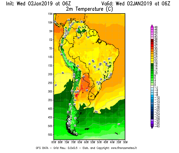 Mappa di analisi GFS - Temperatura a 2 metri dal suolo [°C] in Sud-America
							del 02/01/2019 06 <!--googleoff: index-->UTC<!--googleon: index-->