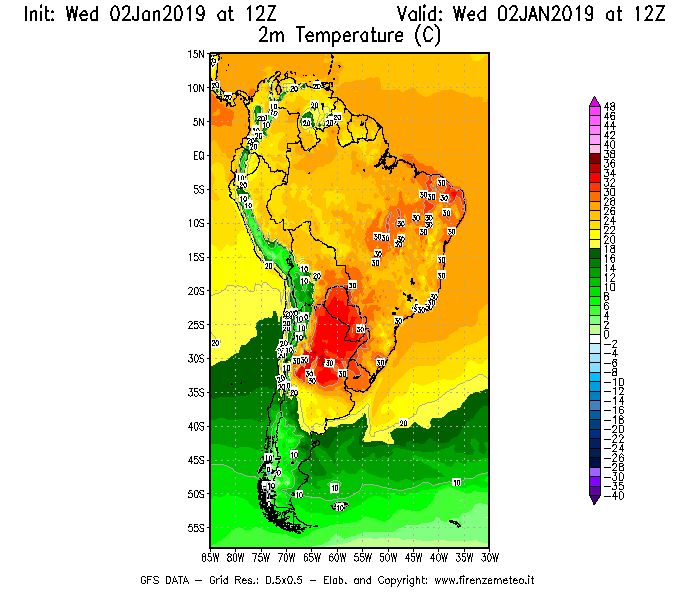 Mappa di analisi GFS - Temperatura a 2 metri dal suolo [°C] in Sud-America
							del 02/01/2019 12 <!--googleoff: index-->UTC<!--googleon: index-->
