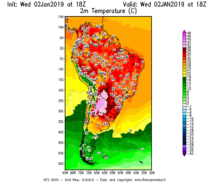 Mappa di analisi GFS - Temperatura a 2 metri dal suolo [°C] in Sud-America
							del 02/01/2019 18 <!--googleoff: index-->UTC<!--googleon: index-->