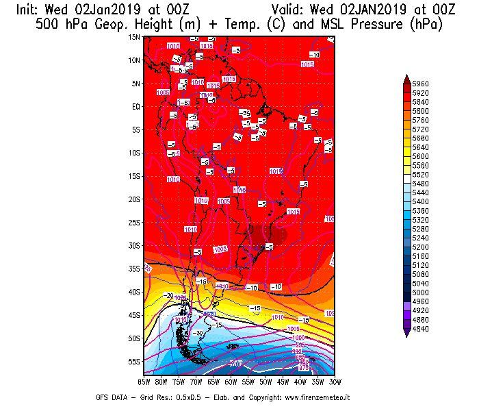Mappa di analisi GFS - Geopotenziale [m] + Temp. [°C] a 500 hPa + Press. a livello del mare [hPa] in Sud-America
							del 02/01/2019 00 <!--googleoff: index-->UTC<!--googleon: index-->