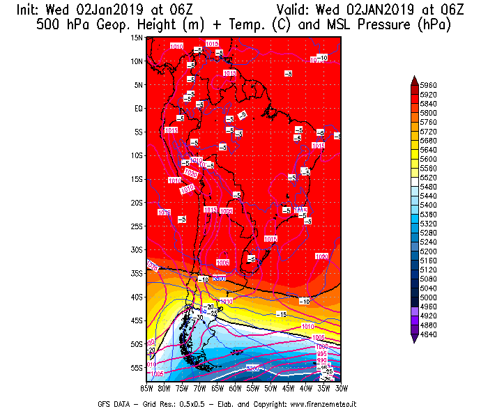 Mappa di analisi GFS - Geopotenziale [m] + Temp. [°C] a 500 hPa + Press. a livello del mare [hPa] in Sud-America
							del 02/01/2019 06 <!--googleoff: index-->UTC<!--googleon: index-->