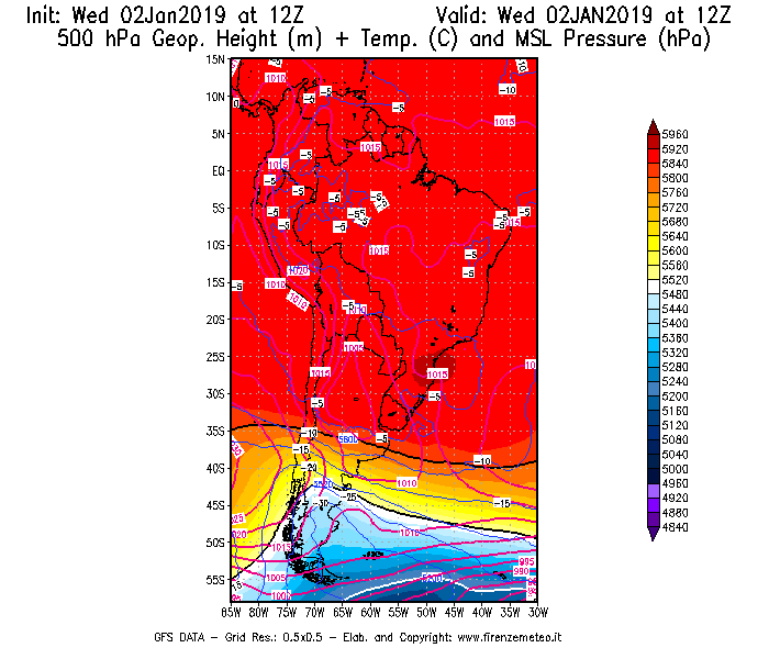 Mappa di analisi GFS - Geopotenziale [m] + Temp. [°C] a 500 hPa + Press. a livello del mare [hPa] in Sud-America
							del 02/01/2019 12 <!--googleoff: index-->UTC<!--googleon: index-->