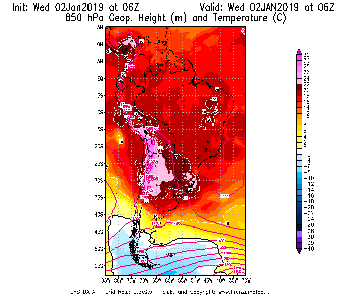 Mappa di analisi GFS - Geopotenziale [m] e Temperatura [°C] a 850 hPa in Sud-America
							del 02/01/2019 06 <!--googleoff: index-->UTC<!--googleon: index-->