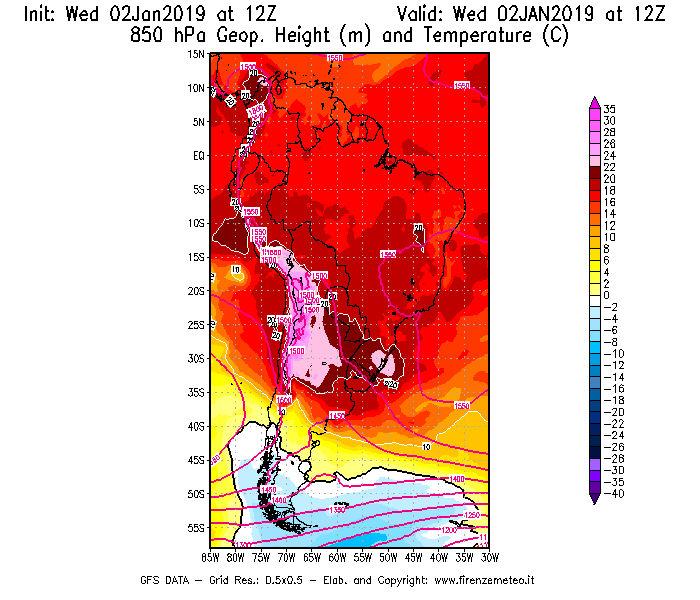 Mappa di analisi GFS - Geopotenziale [m] e Temperatura [°C] a 850 hPa in Sud-America
							del 02/01/2019 12 <!--googleoff: index-->UTC<!--googleon: index-->