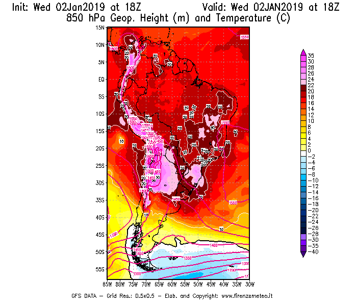 Mappa di analisi GFS - Geopotenziale [m] e Temperatura [°C] a 850 hPa in Sud-America
							del 02/01/2019 18 <!--googleoff: index-->UTC<!--googleon: index-->