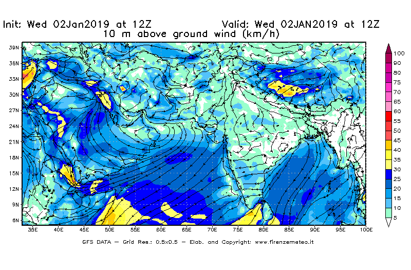 Mappa di analisi GFS - Velocità del vento a 10 metri dal suolo [km/h] in Asia Sud-Occidentale
							del 02/01/2019 12 <!--googleoff: index-->UTC<!--googleon: index-->