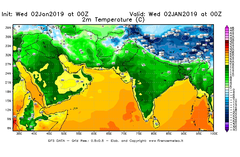 Mappa di analisi GFS - Temperatura a 2 metri dal suolo [°C] in Asia Sud-Occidentale
							del 02/01/2019 00 <!--googleoff: index-->UTC<!--googleon: index-->