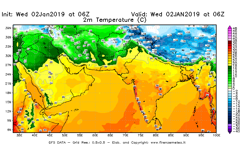 Mappa di analisi GFS - Temperatura a 2 metri dal suolo [°C] in Asia Sud-Occidentale
							del 02/01/2019 06 <!--googleoff: index-->UTC<!--googleon: index-->