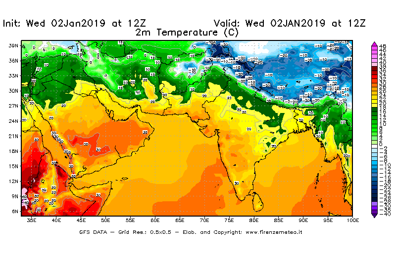 Mappa di analisi GFS - Temperatura a 2 metri dal suolo [°C] in Asia Sud-Occidentale
							del 02/01/2019 12 <!--googleoff: index-->UTC<!--googleon: index-->