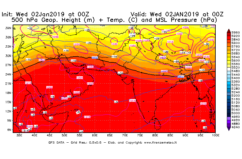 Mappa di analisi GFS - Geopotenziale [m] + Temp. [°C] a 500 hPa + Press. a livello del mare [hPa] in Asia Sud-Occidentale
							del 02/01/2019 00 <!--googleoff: index-->UTC<!--googleon: index-->