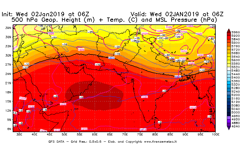 Mappa di analisi GFS - Geopotenziale [m] + Temp. [°C] a 500 hPa + Press. a livello del mare [hPa] in Asia Sud-Occidentale
							del 02/01/2019 06 <!--googleoff: index-->UTC<!--googleon: index-->
