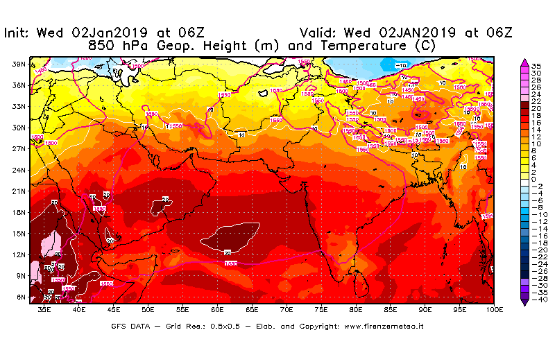 Mappa di analisi GFS - Geopotenziale [m] e Temperatura [°C] a 850 hPa in Asia Sud-Occidentale
							del 02/01/2019 06 <!--googleoff: index-->UTC<!--googleon: index-->