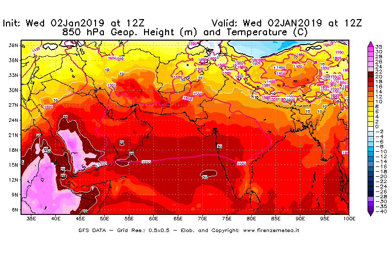 Mappa di analisi GFS - Geopotenziale [m] e Temperatura [°C] a 850 hPa in Asia Sud-Occidentale
							del 02/01/2019 12 <!--googleoff: index-->UTC<!--googleon: index-->