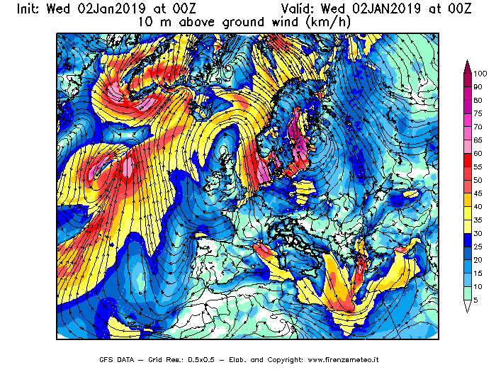 Mappa di analisi GFS - Velocità del vento a 10 metri dal suolo [km/h] in Europa
							del 02/01/2019 00 <!--googleoff: index-->UTC<!--googleon: index-->