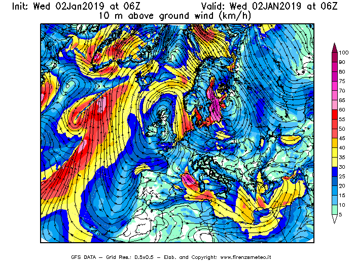 Mappa di analisi GFS - Velocità del vento a 10 metri dal suolo [km/h] in Europa
							del 02/01/2019 06 <!--googleoff: index-->UTC<!--googleon: index-->