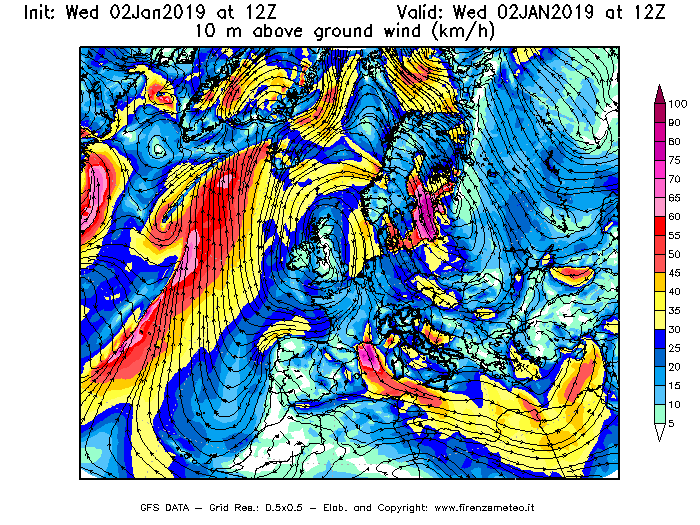 Mappa di analisi GFS - Velocità del vento a 10 metri dal suolo [km/h] in Europa
							del 02/01/2019 12 <!--googleoff: index-->UTC<!--googleon: index-->