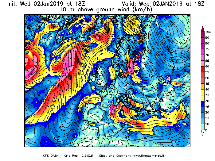 Mappa di analisi GFS - Velocità del vento a 10 metri dal suolo [km/h] in Europa
							del 02/01/2019 18 <!--googleoff: index-->UTC<!--googleon: index-->