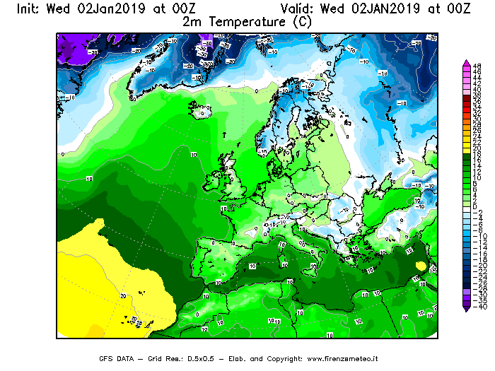 Mappa di analisi GFS - Temperatura a 2 metri dal suolo [°C] in Europa
							del 02/01/2019 00 <!--googleoff: index-->UTC<!--googleon: index-->