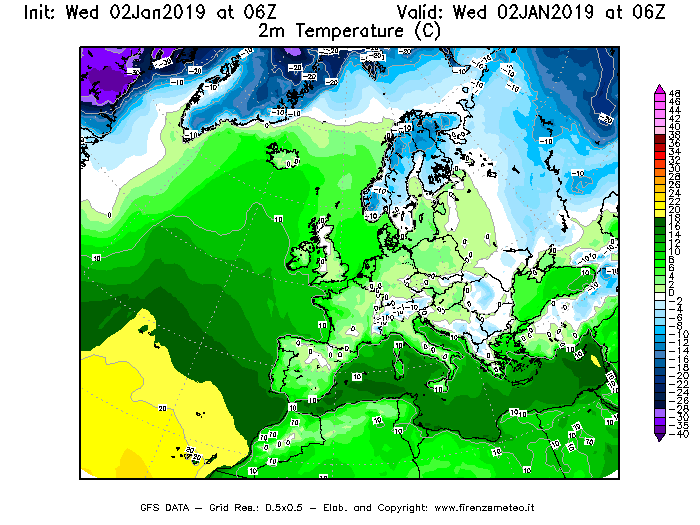 Mappa di analisi GFS - Temperatura a 2 metri dal suolo [°C] in Europa
							del 02/01/2019 06 <!--googleoff: index-->UTC<!--googleon: index-->