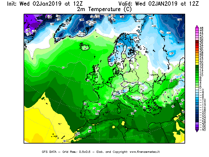 Mappa di analisi GFS - Temperatura a 2 metri dal suolo [°C] in Europa
							del 02/01/2019 12 <!--googleoff: index-->UTC<!--googleon: index-->