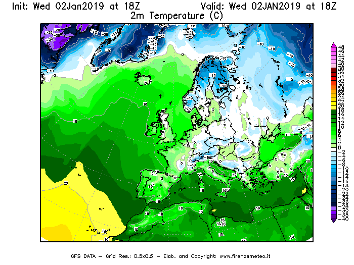 Mappa di analisi GFS - Temperatura a 2 metri dal suolo [°C] in Europa
							del 02/01/2019 18 <!--googleoff: index-->UTC<!--googleon: index-->