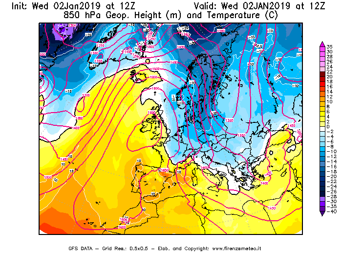 Mappa di analisi GFS - Geopotenziale [m] e Temperatura [°C] a 850 hPa in Europa
							del 02/01/2019 12 <!--googleoff: index-->UTC<!--googleon: index-->