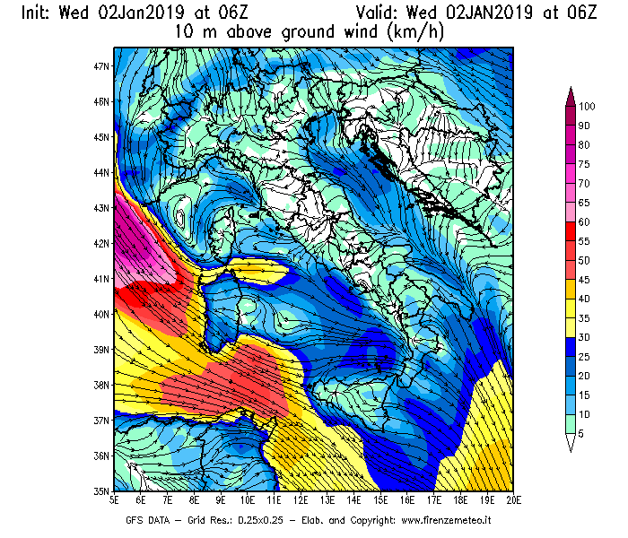 Mappa di analisi GFS - Velocità del vento a 10 metri dal suolo [km/h] in Italia
							del 02/01/2019 06 <!--googleoff: index-->UTC<!--googleon: index-->