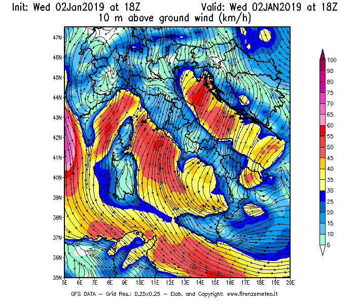 Mappa di analisi GFS - Velocità del vento a 10 metri dal suolo [km/h] in Italia
							del 02/01/2019 18 <!--googleoff: index-->UTC<!--googleon: index-->