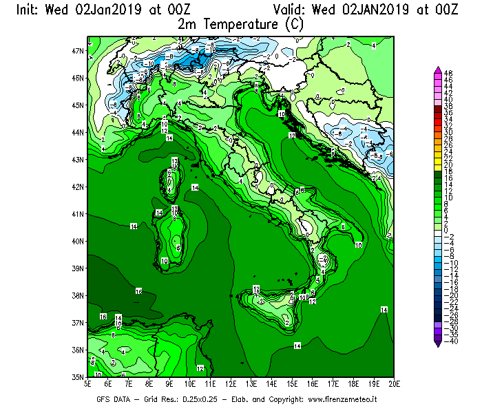 Mappa di analisi GFS - Temperatura a 2 metri dal suolo [°C] in Italia
							del 02/01/2019 00 <!--googleoff: index-->UTC<!--googleon: index-->