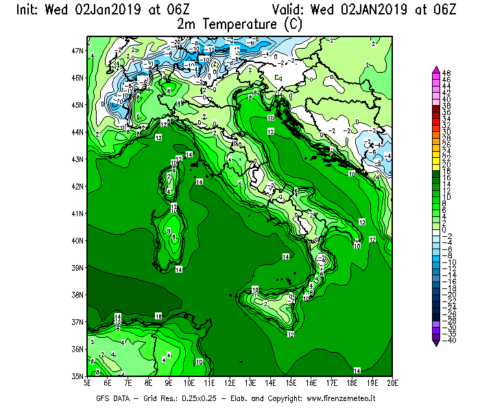 Mappa di analisi GFS - Temperatura a 2 metri dal suolo [°C] in Italia
							del 02/01/2019 06 <!--googleoff: index-->UTC<!--googleon: index-->