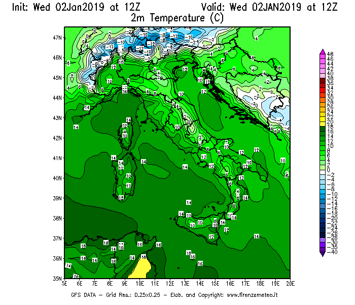 Mappa di analisi GFS - Temperatura a 2 metri dal suolo [°C] in Italia
							del 02/01/2019 12 <!--googleoff: index-->UTC<!--googleon: index-->