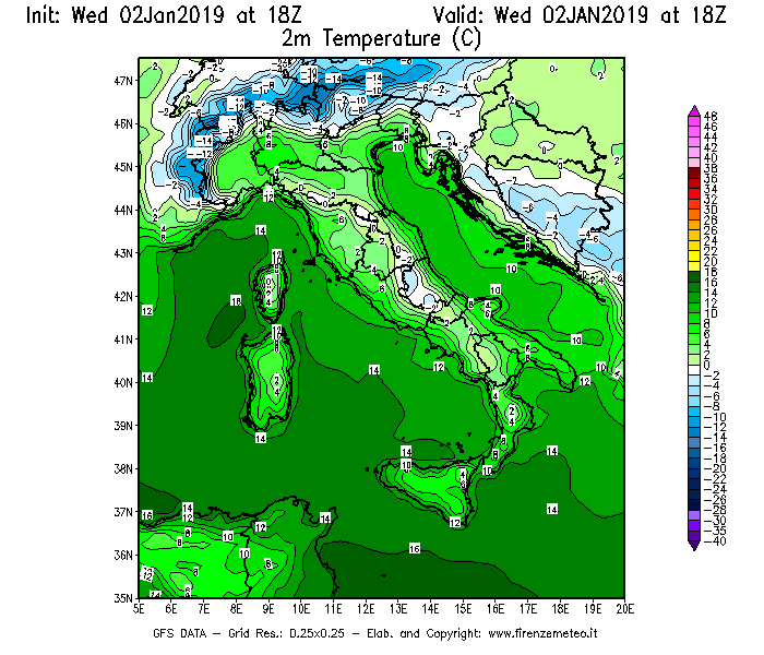 Mappa di analisi GFS - Temperatura a 2 metri dal suolo [°C] in Italia
							del 02/01/2019 18 <!--googleoff: index-->UTC<!--googleon: index-->