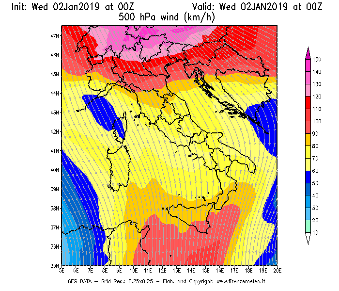 Mappa di analisi GFS - Velocità del vento a 500 hPa [km/h] in Italia
							del 02/01/2019 00 <!--googleoff: index-->UTC<!--googleon: index-->