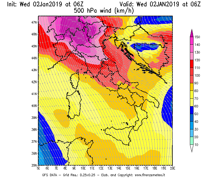 Mappa di analisi GFS - Velocità del vento a 500 hPa [km/h] in Italia
							del 02/01/2019 06 <!--googleoff: index-->UTC<!--googleon: index-->