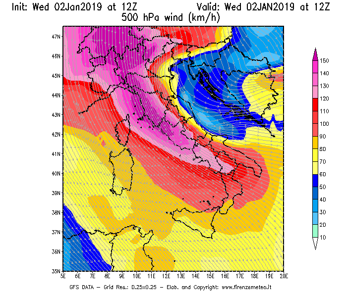 Mappa di analisi GFS - Velocità del vento a 500 hPa [km/h] in Italia
							del 02/01/2019 12 <!--googleoff: index-->UTC<!--googleon: index-->