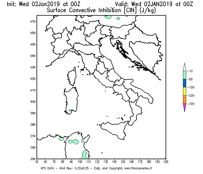 Mappa di analisi GFS - CIN [J/kg] in Italia
							del 02/01/2019 00 <!--googleoff: index-->UTC<!--googleon: index-->
