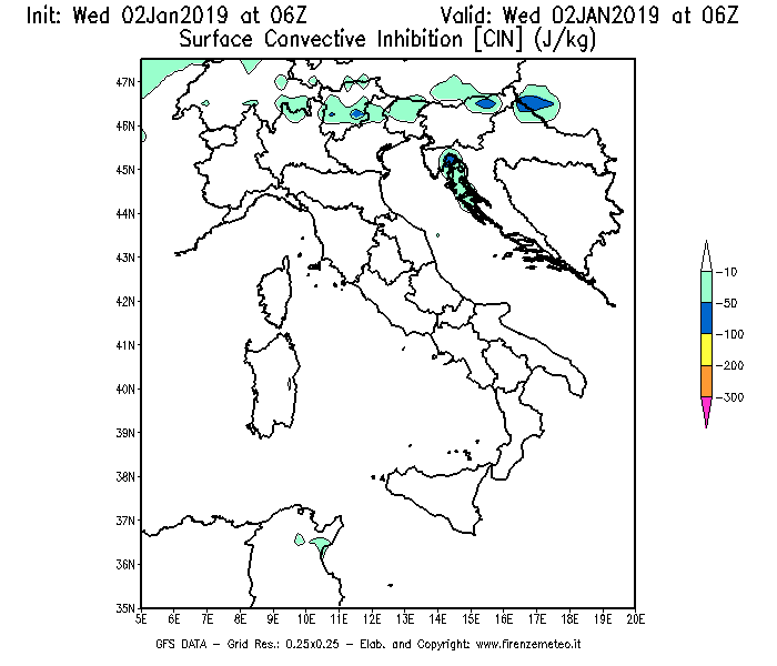 Mappa di analisi GFS - CIN [J/kg] in Italia
							del 02/01/2019 06 <!--googleoff: index-->UTC<!--googleon: index-->