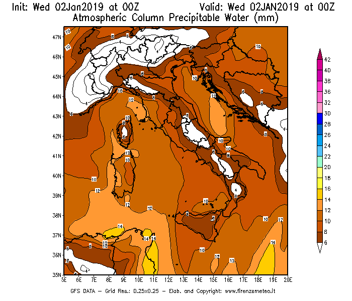 Mappa di analisi GFS - Precipitable Water [mm] in Italia
							del 02/01/2019 00 <!--googleoff: index-->UTC<!--googleon: index-->