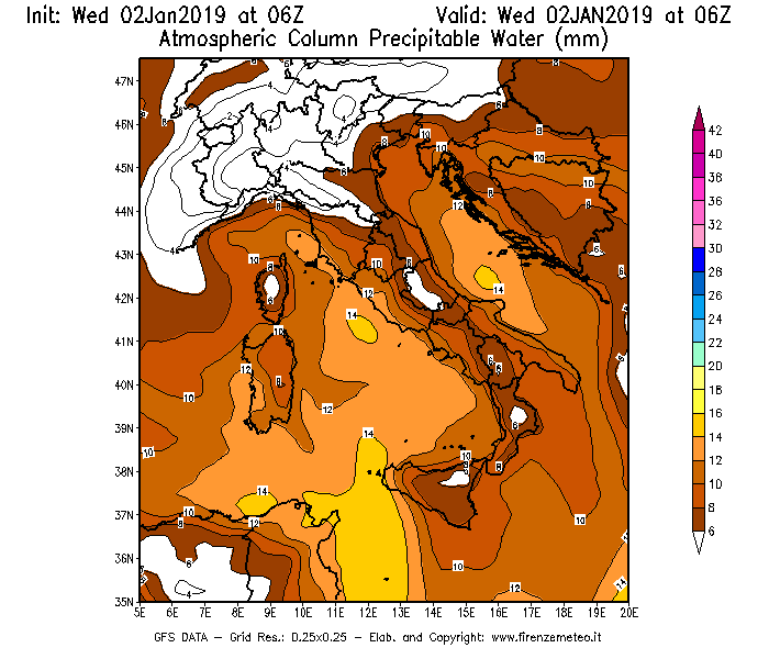 Mappa di analisi GFS - Precipitable Water [mm] in Italia
							del 02/01/2019 06 <!--googleoff: index-->UTC<!--googleon: index-->