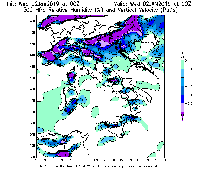 Mappa di analisi GFS - Umidità relativa [%] e Omega [Pa/s] a 500 hPa in Italia
							del 02/01/2019 00 <!--googleoff: index-->UTC<!--googleon: index-->