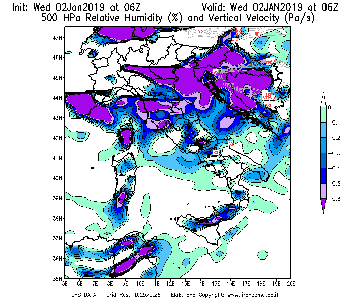 Mappa di analisi GFS - Umidità relativa [%] e Omega [Pa/s] a 500 hPa in Italia
							del 02/01/2019 06 <!--googleoff: index-->UTC<!--googleon: index-->