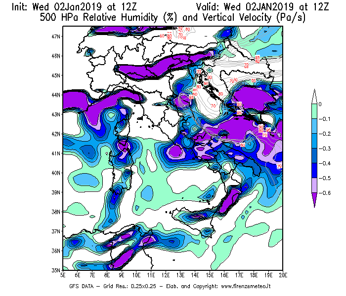 Mappa di analisi GFS - Umidità relativa [%] e Omega [Pa/s] a 500 hPa in Italia
							del 02/01/2019 12 <!--googleoff: index-->UTC<!--googleon: index-->