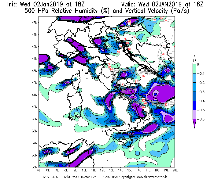 Mappa di analisi GFS - Umidità relativa [%] e Omega [Pa/s] a 500 hPa in Italia
							del 02/01/2019 18 <!--googleoff: index-->UTC<!--googleon: index-->
