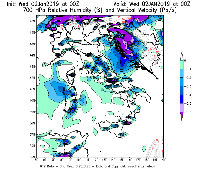 Mappa di analisi GFS - Umidità relativa [%] e Omega [Pa/s] a 700 hPa in Italia
							del 02/01/2019 00 <!--googleoff: index-->UTC<!--googleon: index-->