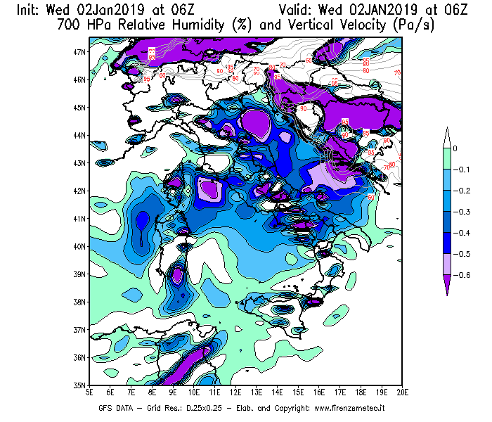 Mappa di analisi GFS - Umidità relativa [%] e Omega [Pa/s] a 700 hPa in Italia
							del 02/01/2019 06 <!--googleoff: index-->UTC<!--googleon: index-->